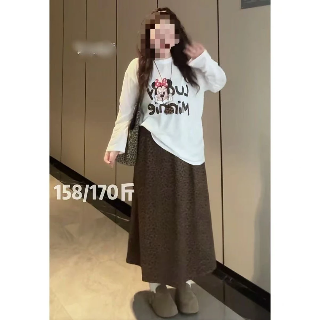 复古洋气豹纹A字半身裙长裙字母印花长袖白T恤两件套大码潮流套装
