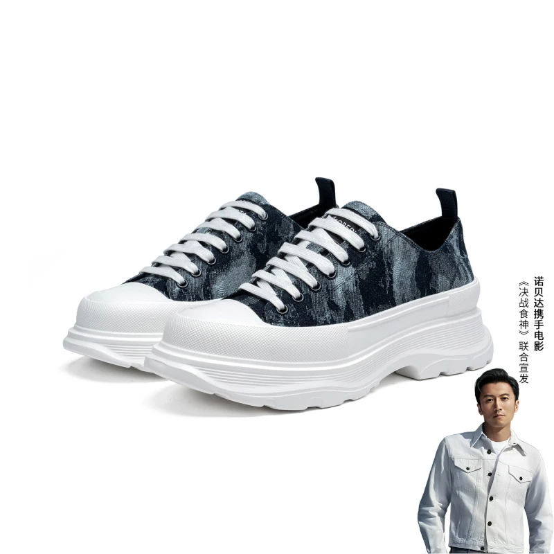 Roberta诺贝达男士水染牛仔布厚底增高鞋夏季男士透气时尚男鞋