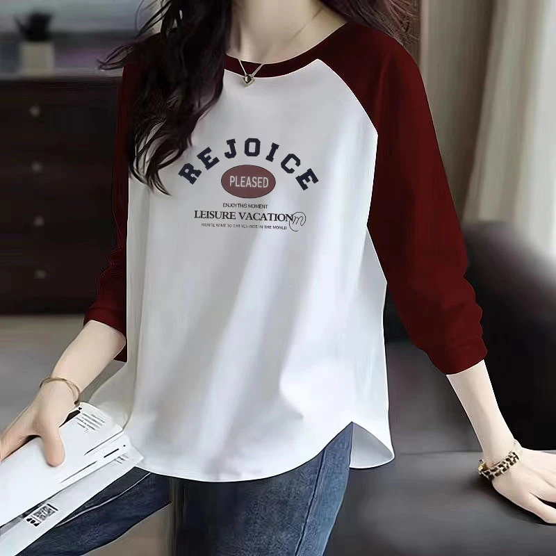 春秋新款打底衫弧形下摆休闲宽松显瘦纯棉插肩长袖拼接圆领T恤女