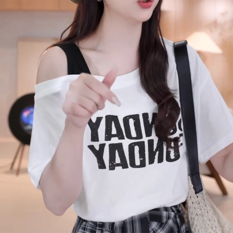 韩系别致露肩短袖T恤女2025夏季新款字母印花遮肉显瘦打底衫上衣