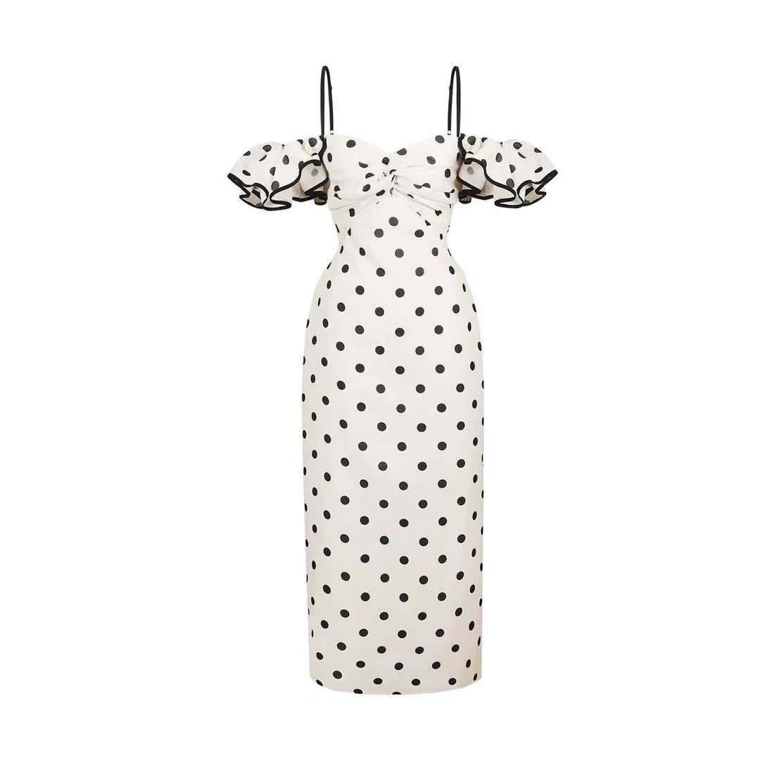 梦梦 MENGMENG｛新款复古黑白波点抹胸长款连衣裙}