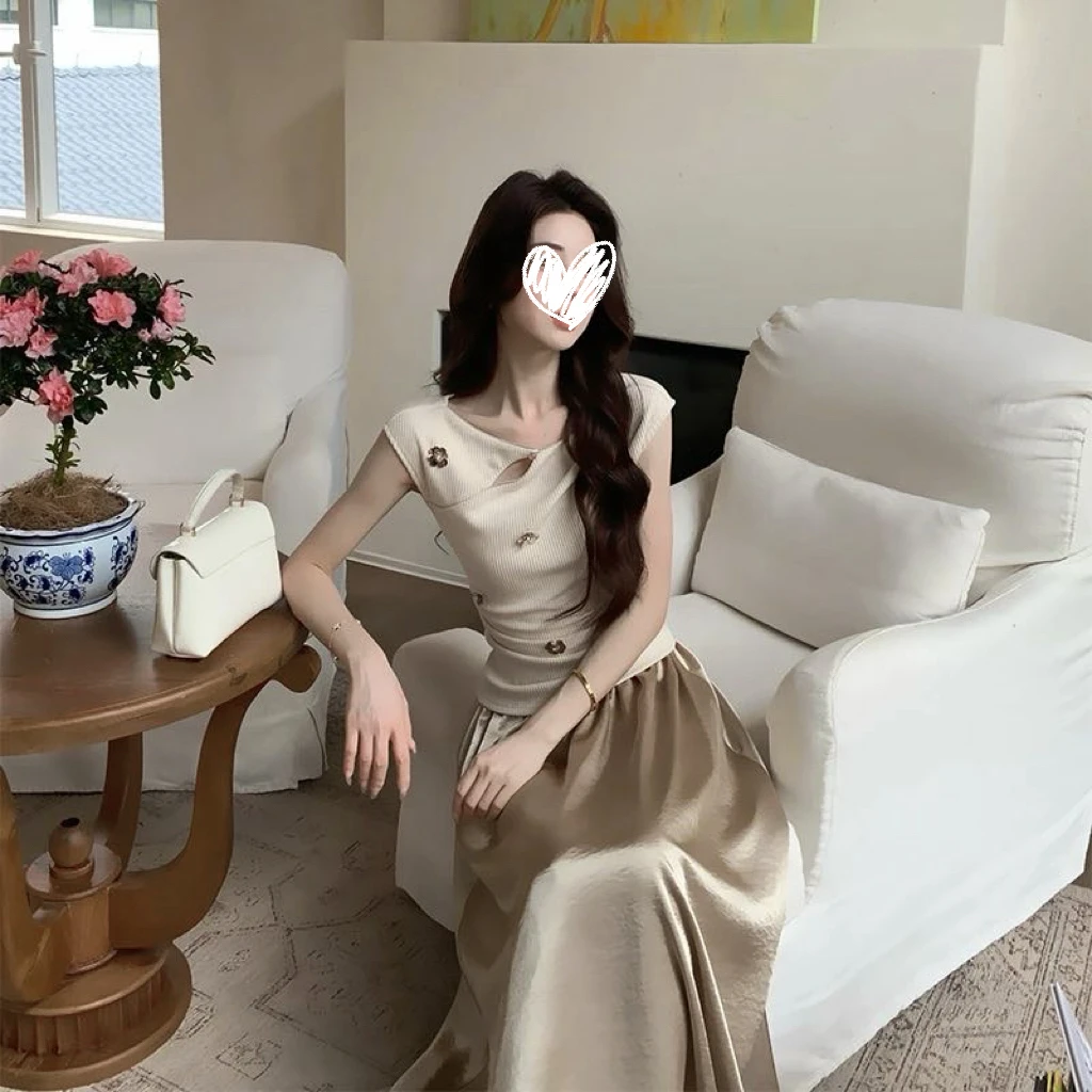 【明眸皓齿】小众设计感亮钻小飞袖上衣百搭A字半身裙大摆裙