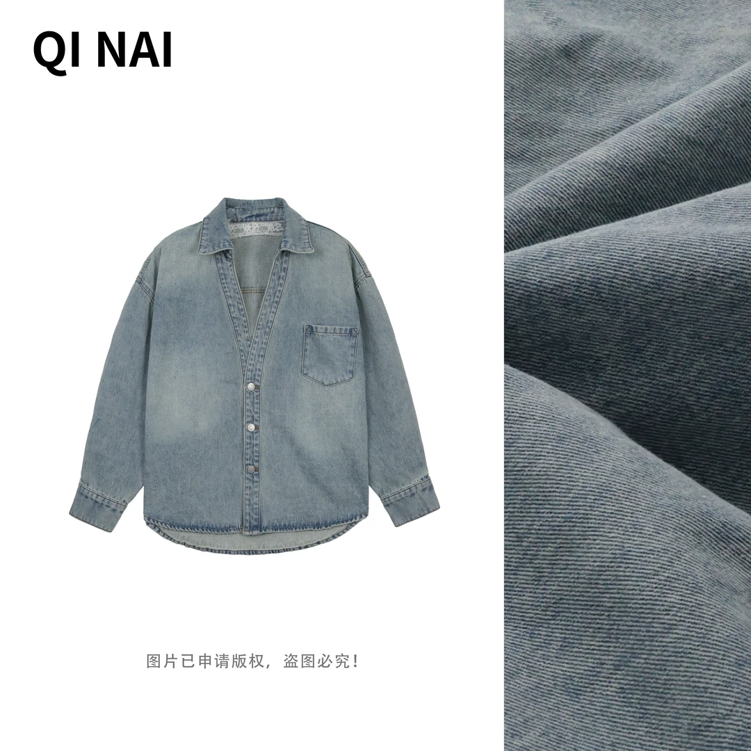 七奈推荐【初遇】慵懒百搭牛仔外套上衣复古简约牛仔衬衫QN12338