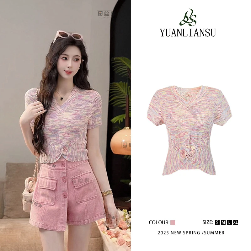 YUANLIANSU/圆脸酥【小岛蔷薇】夏小香风粉色V领显瘦针织短袖上衣女