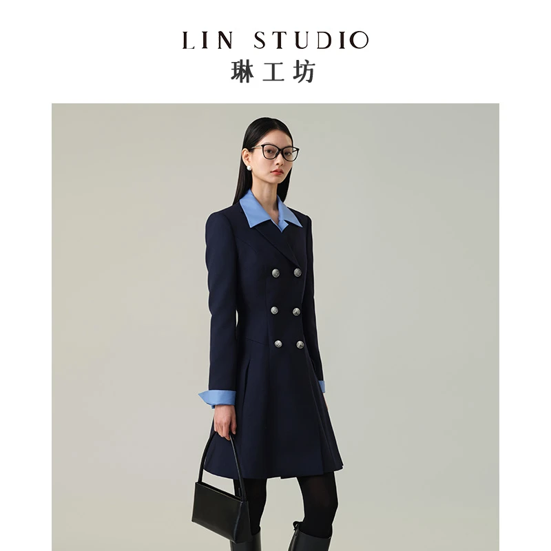 【绵羊毛 干洗】琳工坊招潮藏蓝色西服连衣裙通勤干练气质唐琳设计
