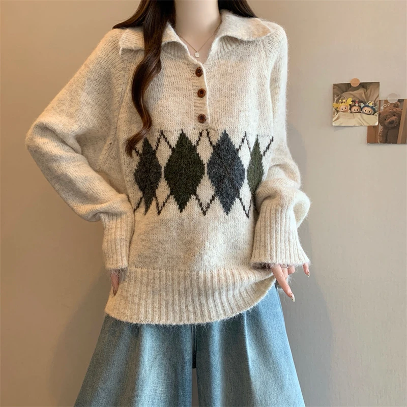 2025秋冬新款美拉德菱格polo领针织衫女大码微胖妹妹宽松显瘦上衣