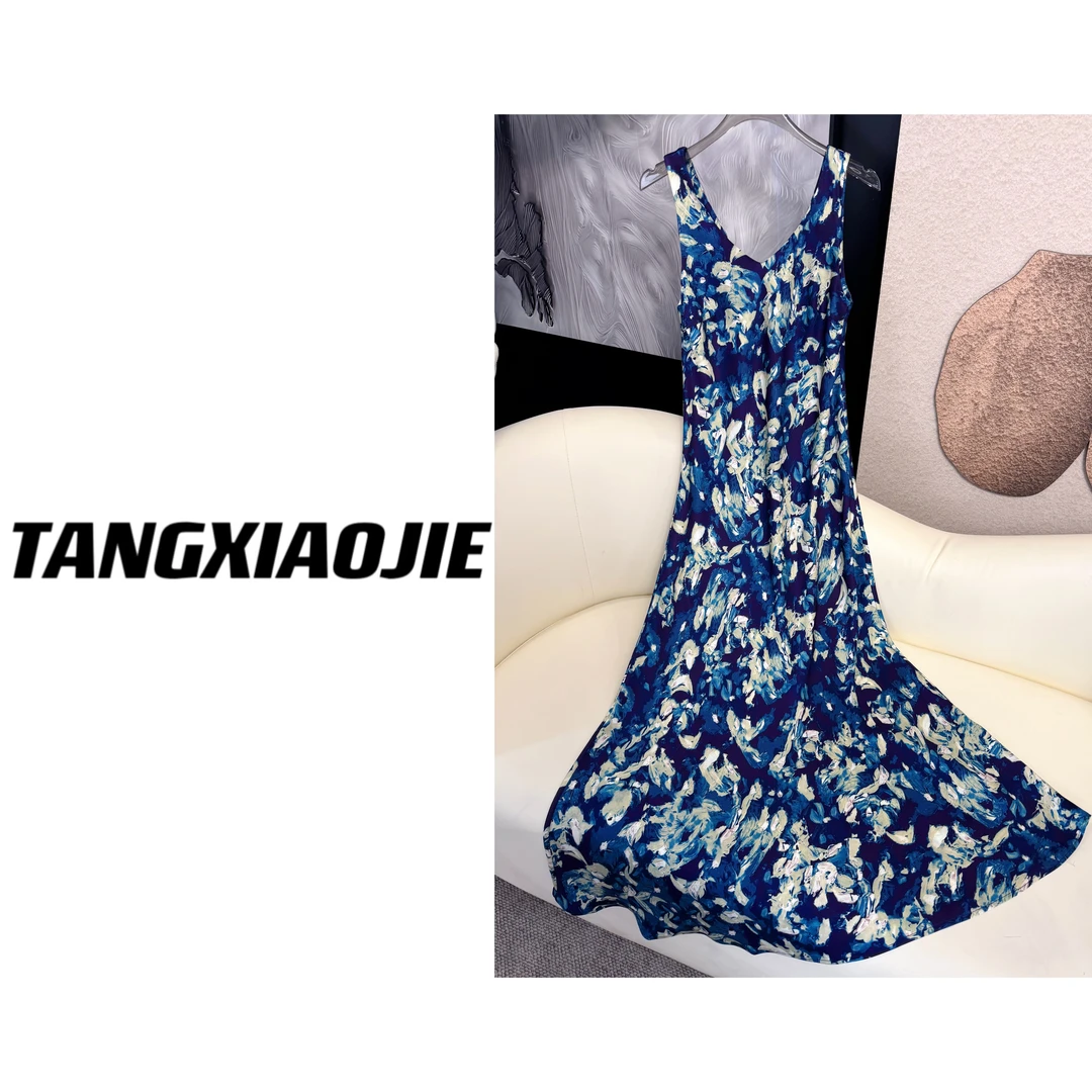 【汤小姐高定】#10476"蓝色花海"100%醋酸宽肩带斜裁连衣裙