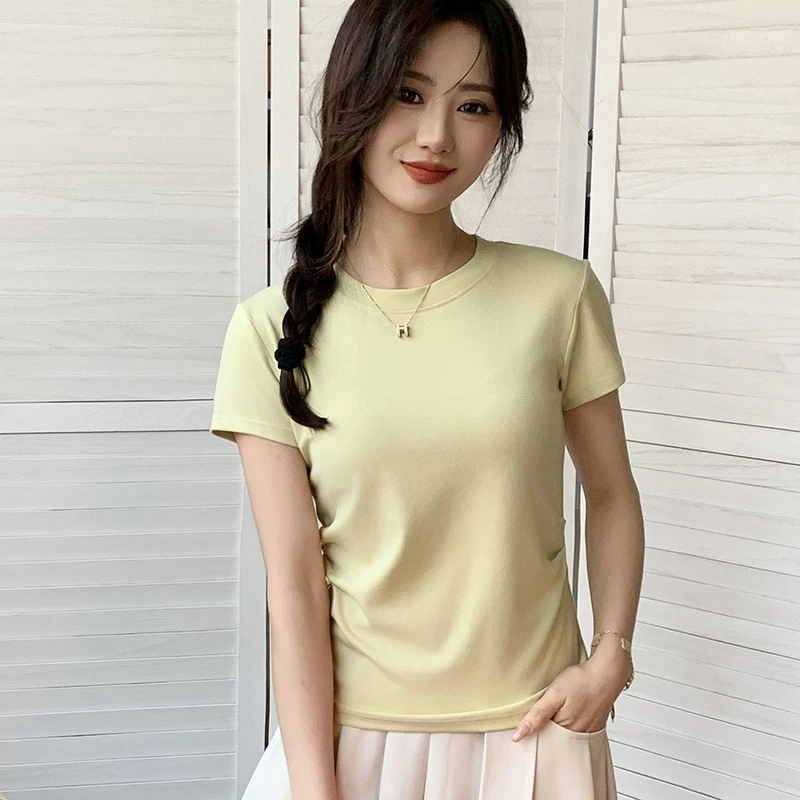 【粉丝福利】正肩收腰圆领短袖小个子t恤女修身显瘦设计感上衣-A077