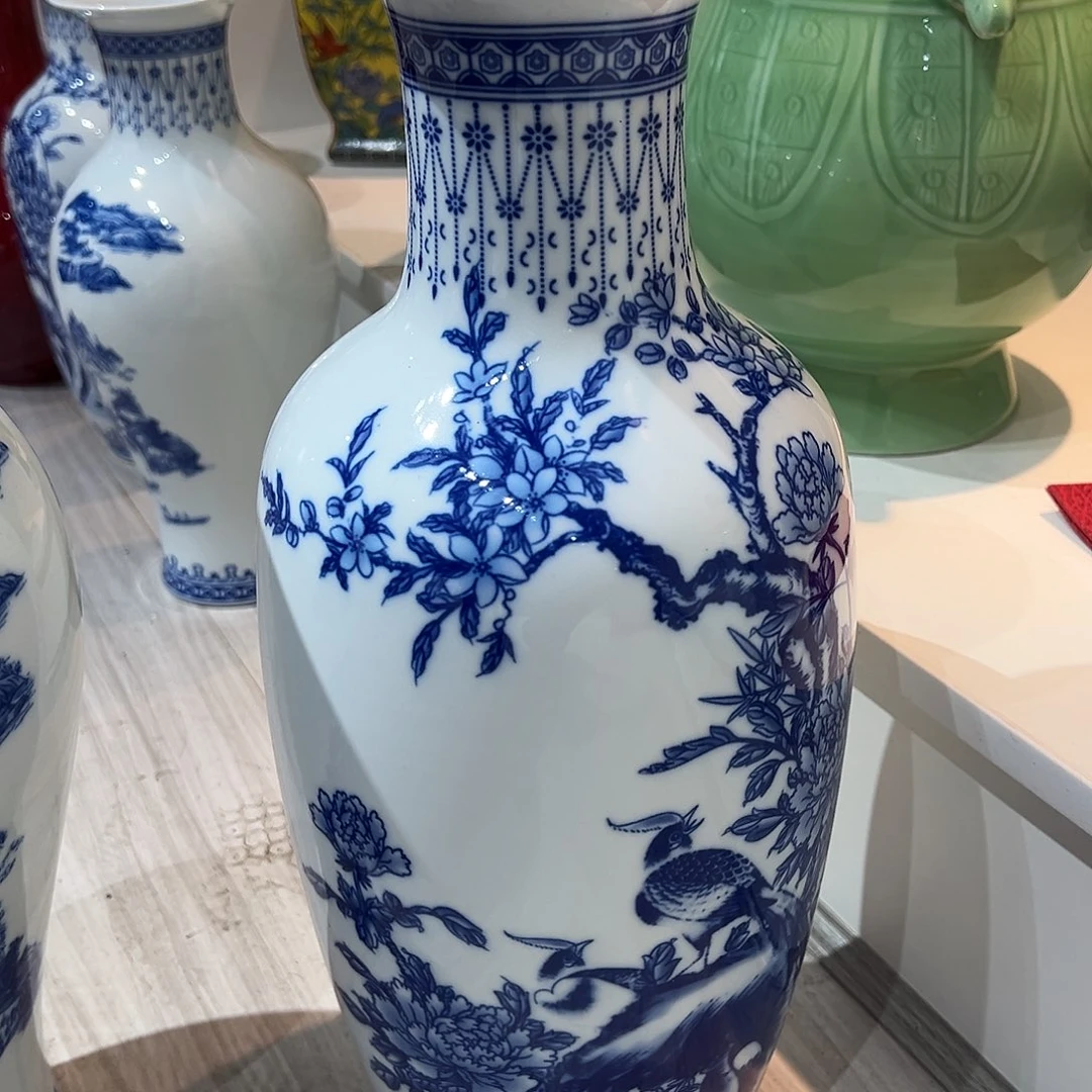 陶摆件45ck青花花鸟冬瓜瓶