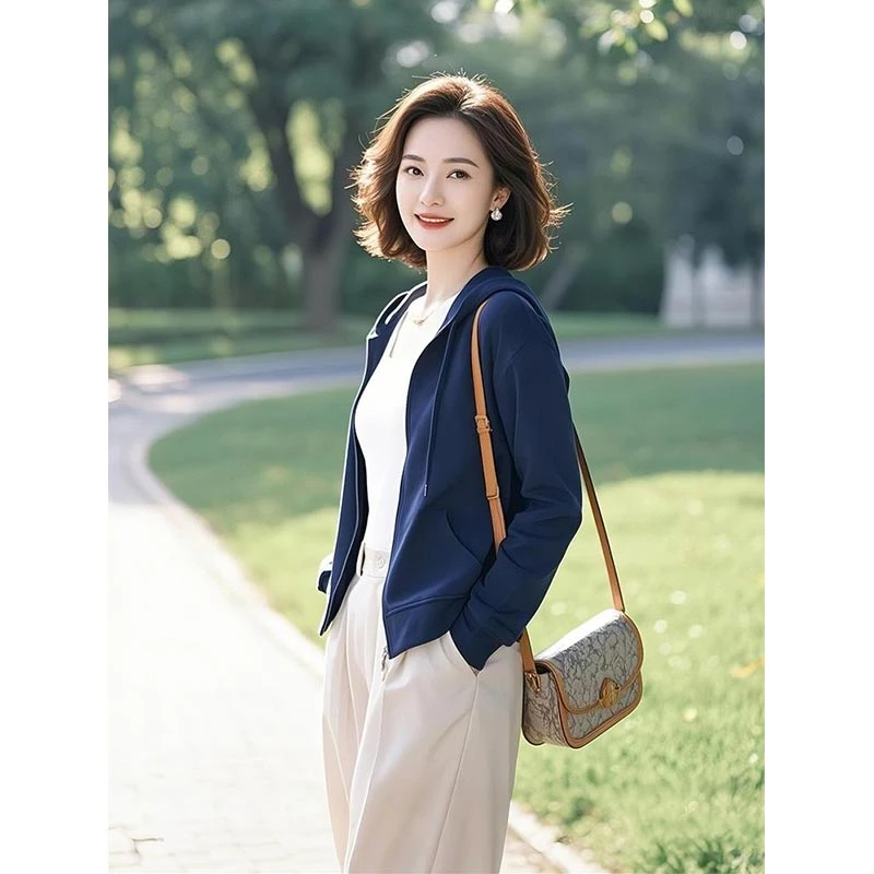 2025春秋韩式新款气质时尚蓝色卫衣短款外套女休闲宽松百搭短上衣