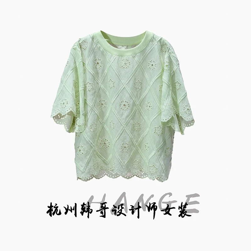 【韩哥女装】夏季欧碧绿镂空钩花蕾丝时尚短袖T恤9753