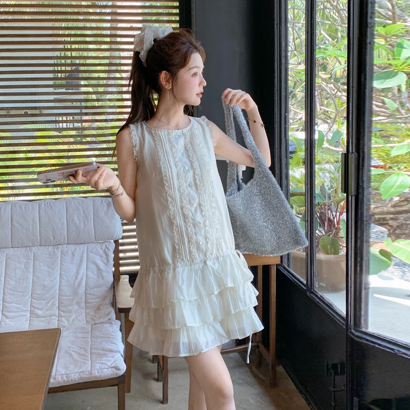米白色小香风木耳边无袖背心连衣裙女2025夏季新款小个子甜美裙子