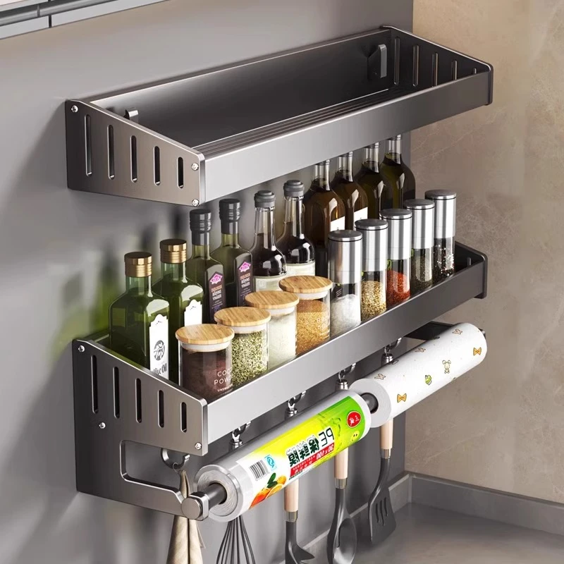 厨房强力吸盘置物架免打孔壁挂调味品家用太空铝墙上调料收纳架子