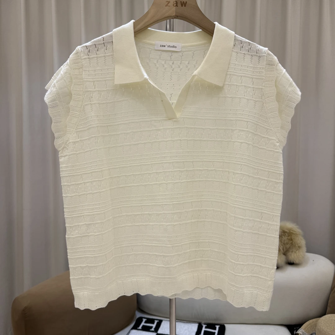 【福利】镂空针织衫POLO领短袖女大码胖mm上衣显瘦遮肚子25207