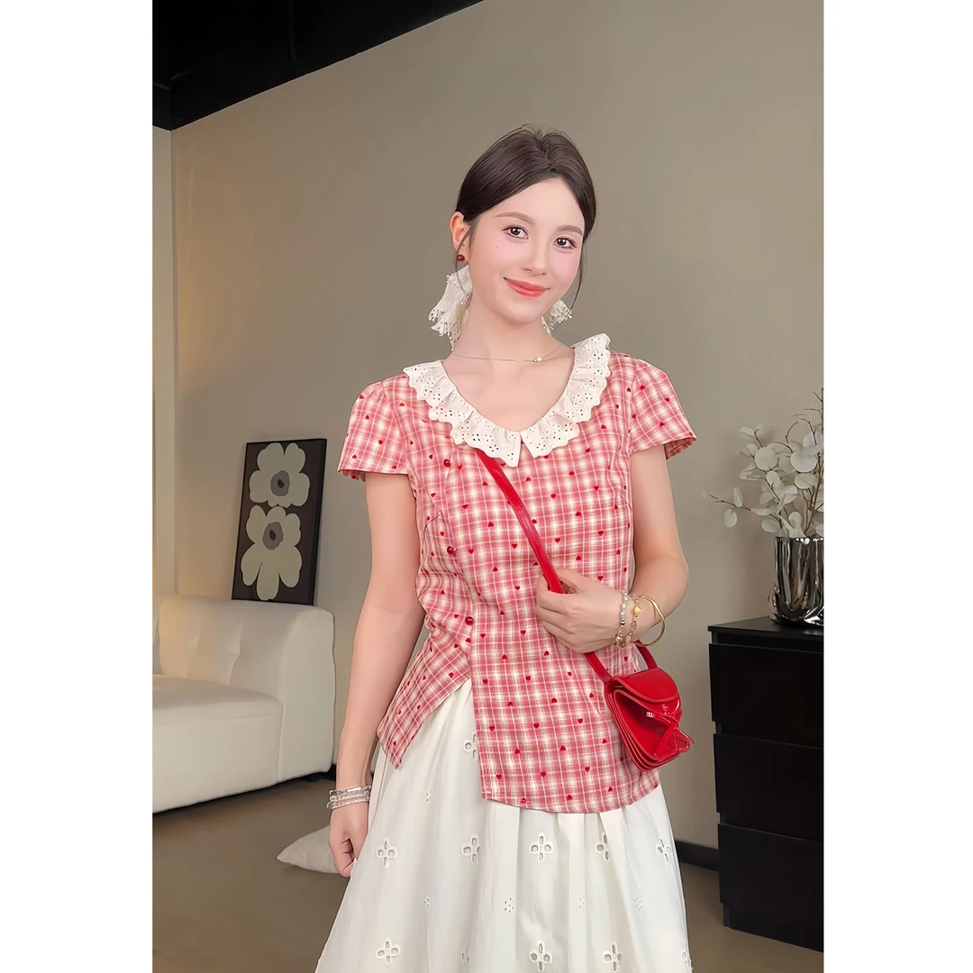 YAMM~法式气质格纹衬衫蕾丝拼接减龄宽松显瘦上衣