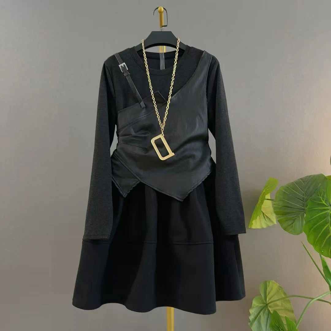 拼接常规款抗皱通勤风女长袖假两件百搭潮流气质胖mm高级连衣裙