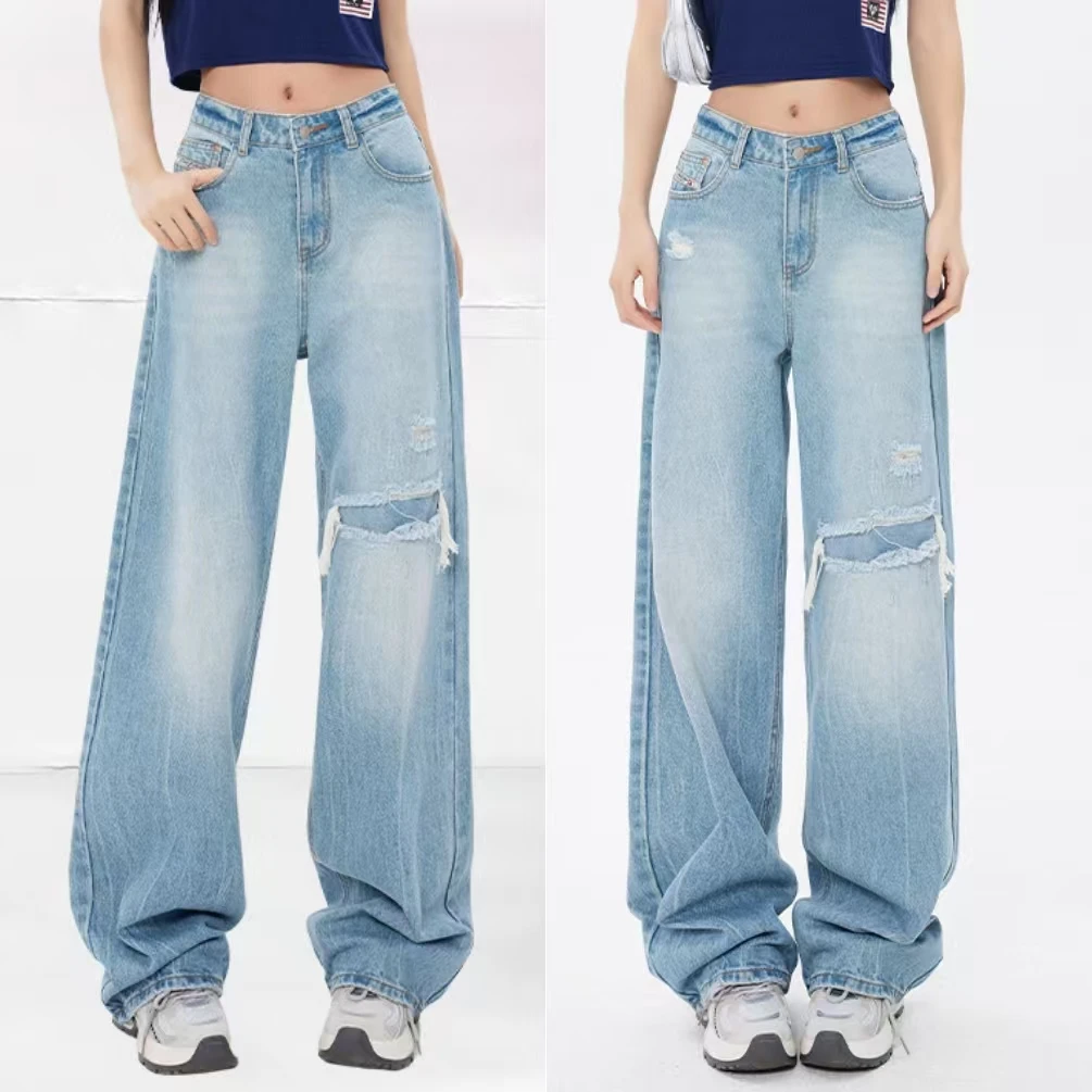 2025新款美式破洞流苏宽松浅蓝高街牛仔裤复古直筒阔腿裤水洗街头