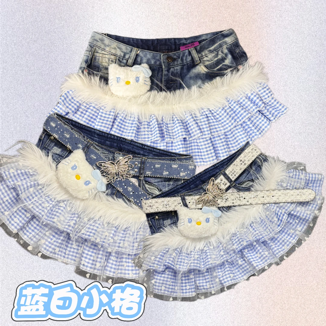“蓝白小格”-娜娜古着y2k手作牛仔拼接辣妹裙可直拍流光半身裙