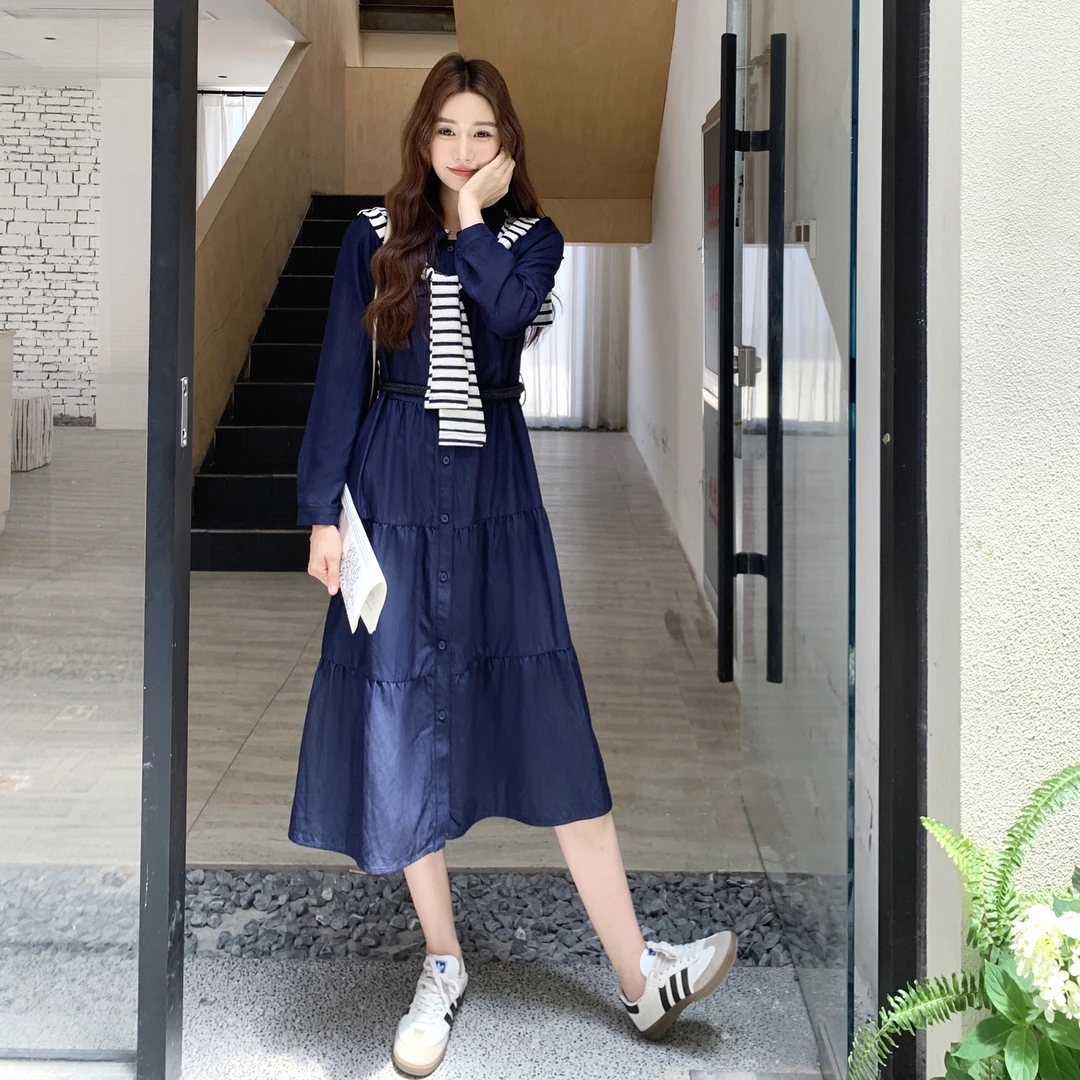 韩系减龄随性高级感衬衫裙女早秋新款时尚百搭高腰显瘦披肩连衣裙