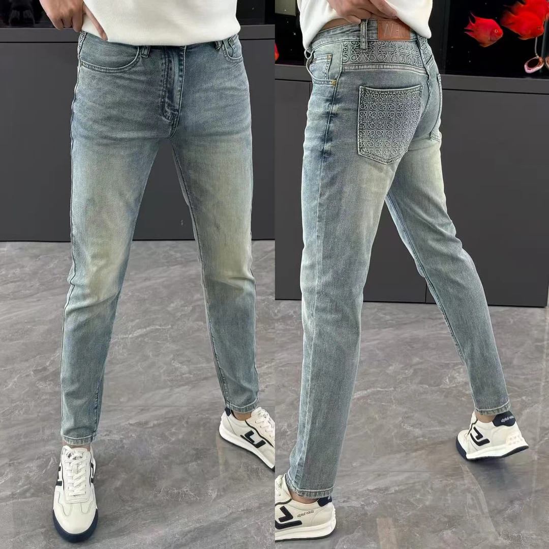 牛仔裤夏季新款男士长裤时尚潮流印花修身显瘦小脚裤男弹力百搭帅