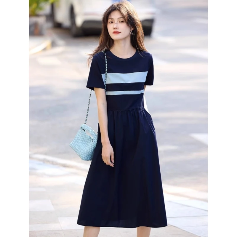 航海系撞色连衣裙女夏季2025新款休闲收腰显瘦长裙时尚减龄A字裙