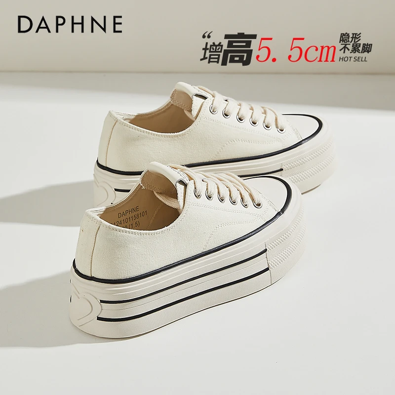 达芙妮松糕帆布鞋女款百搭小白鞋配裙子2025新款秋季厚底白色板鞋
