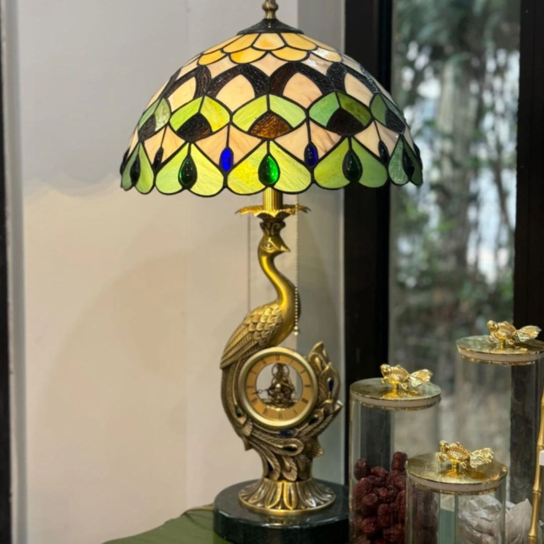 【奇居亭】轻奢蒂凡尼琉璃铜凤凰钟表台灯401CPX-14T