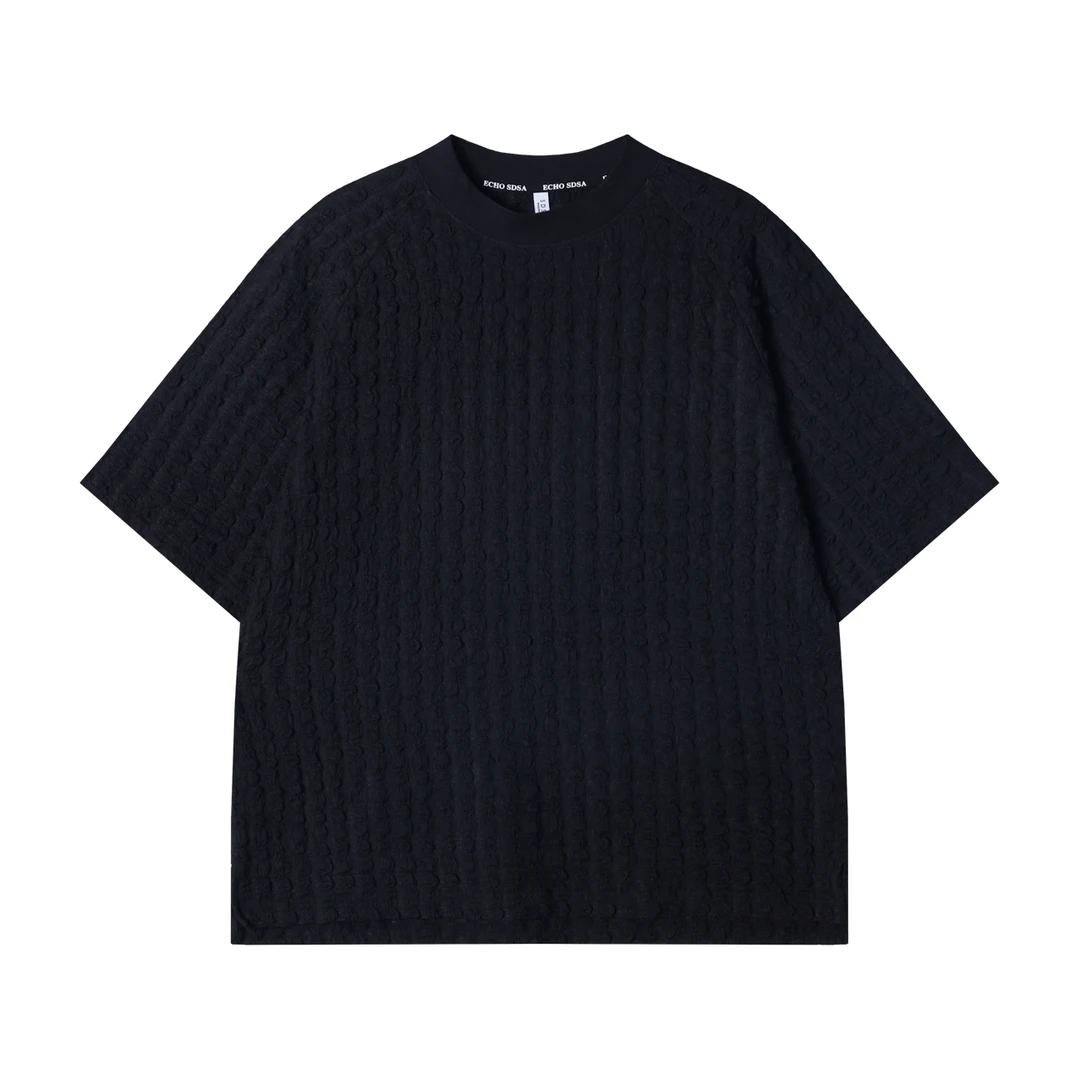 夏季高级感新款潮牌纯色肌理感纽花圆领短袖T恤百搭潮流情侣上衣