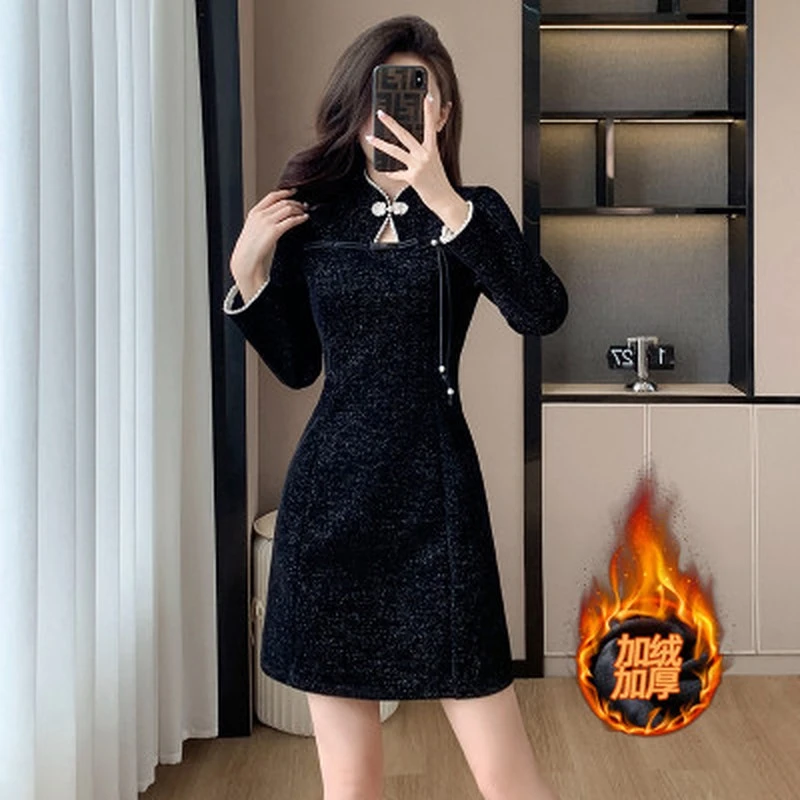 秋冬新款修身显瘦改良旗袍气质加绒字新中式长袖连衣裙子女