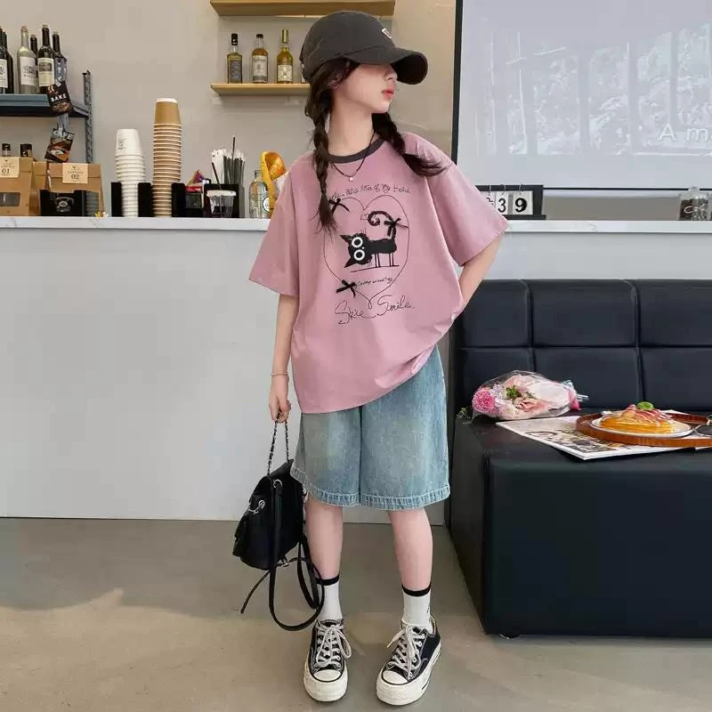 MK&UR.BV女童短袖2025夏季新款洋气中大童装宽松短袖恤时尚印花