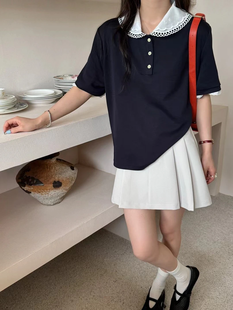 WWan 张若楠同款减龄娃娃领polo短袖25韩系甜美娃娃衫短袖上衣女