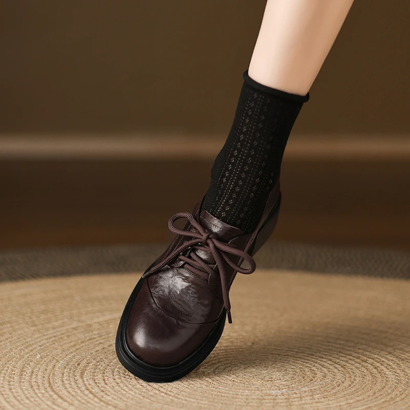 4.5厘米羊皮休闲乐福鞋英伦风复古深口粗跟厚底系带时尚小皮鞋女