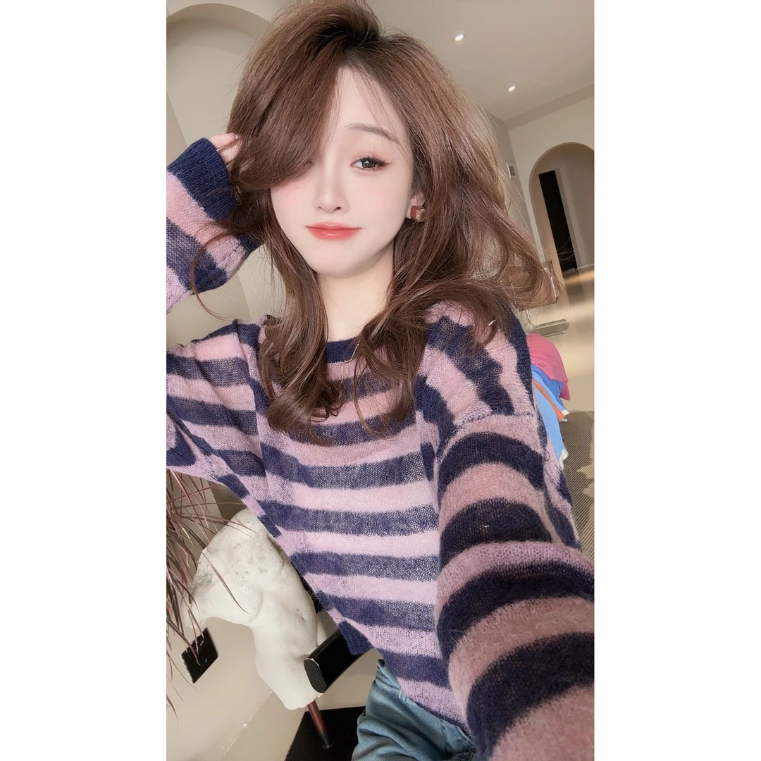 【CHEN】洋气温柔减龄高比例马海毛毛衣慵懒宽松条纹针织衫25010802