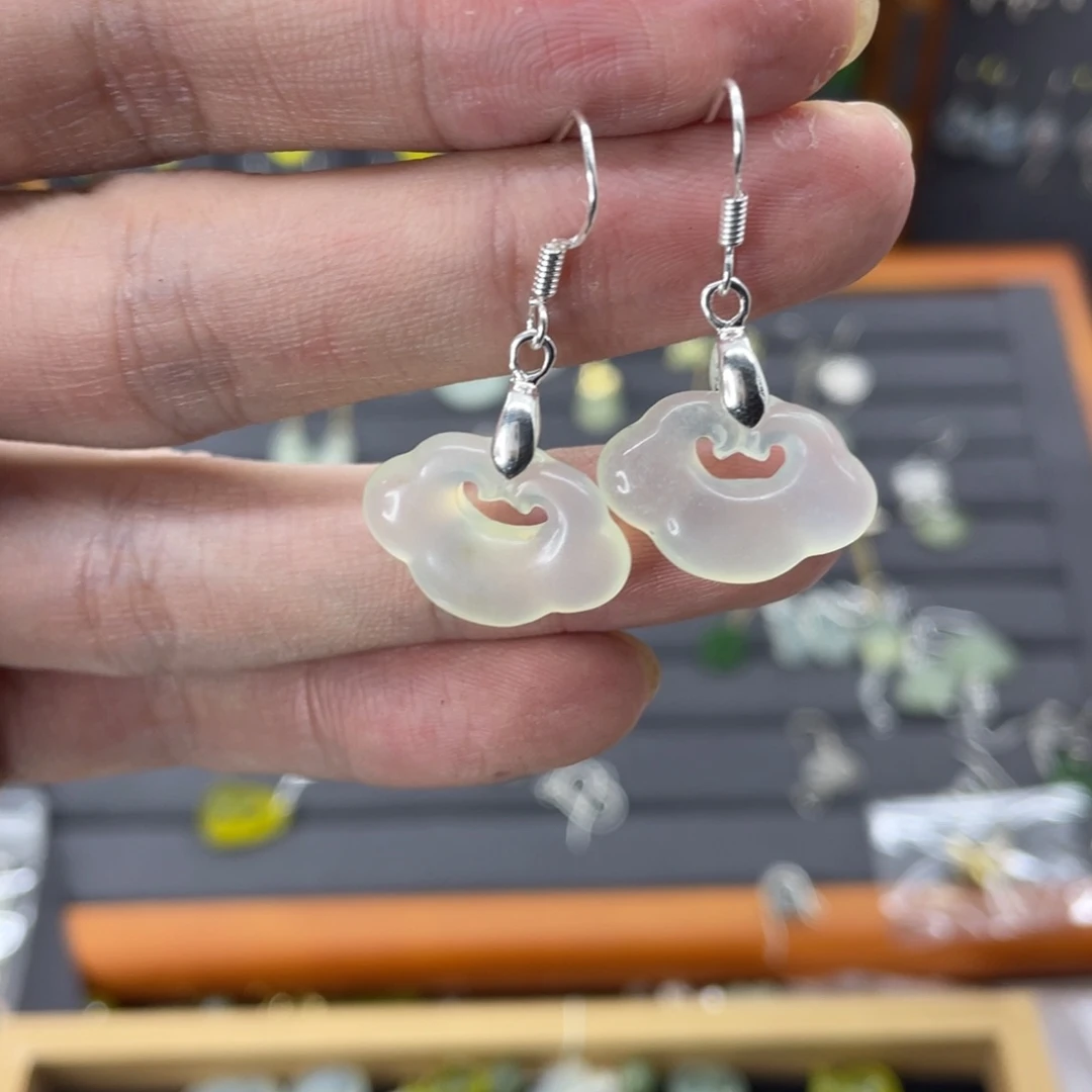 蛇纹石玉耳饰银S925镶嵌昕*