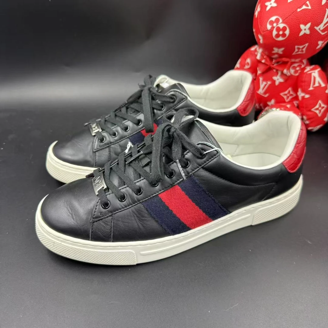 95新 GUCCI/古驰 黑色皮革红蓝织带ACE板鞋40.5欧码 ddm2755