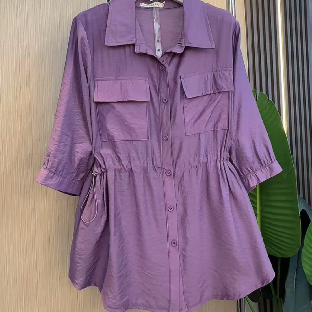 时尚2025夏季宽松气质短袖衬衫休闲女遮肚显瘦大码女装衬衫