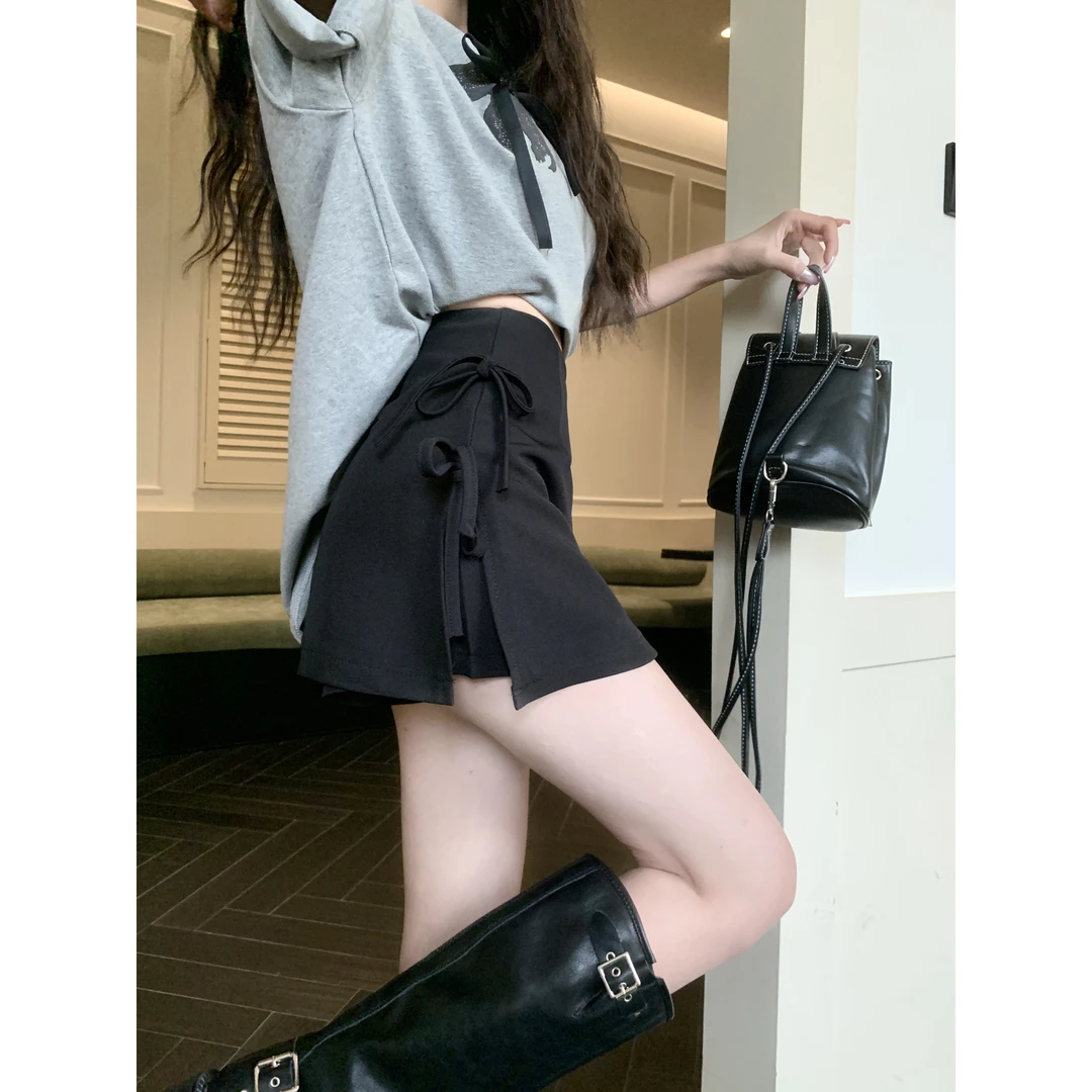 大码侧开叉裙裤夏季蝴蝶结系带西装包臀半身裙胖MM显瘦A字短裙潮