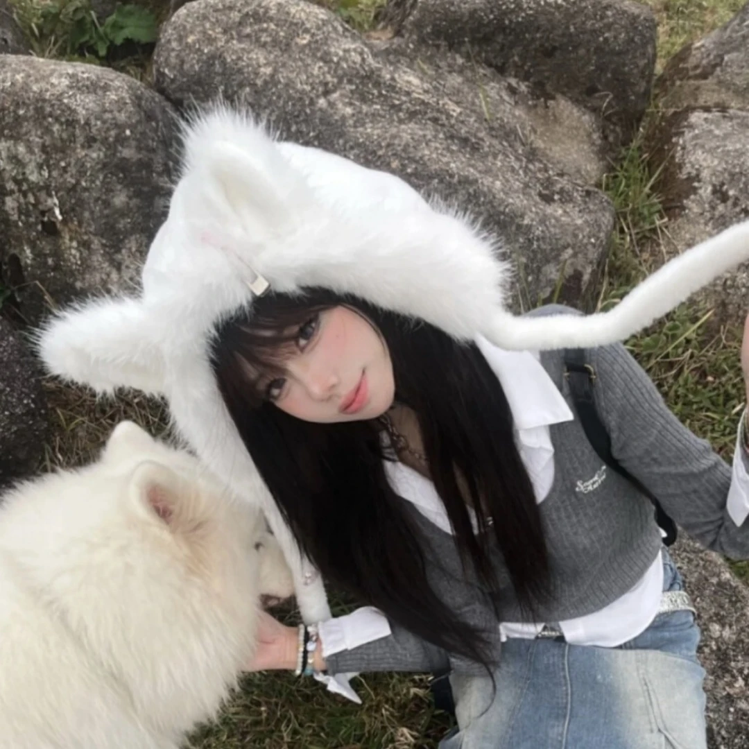 帽子可爱狐狸耳朵围巾加厚一体毛绒冬骑车保暖护耳防风围脖针织帽