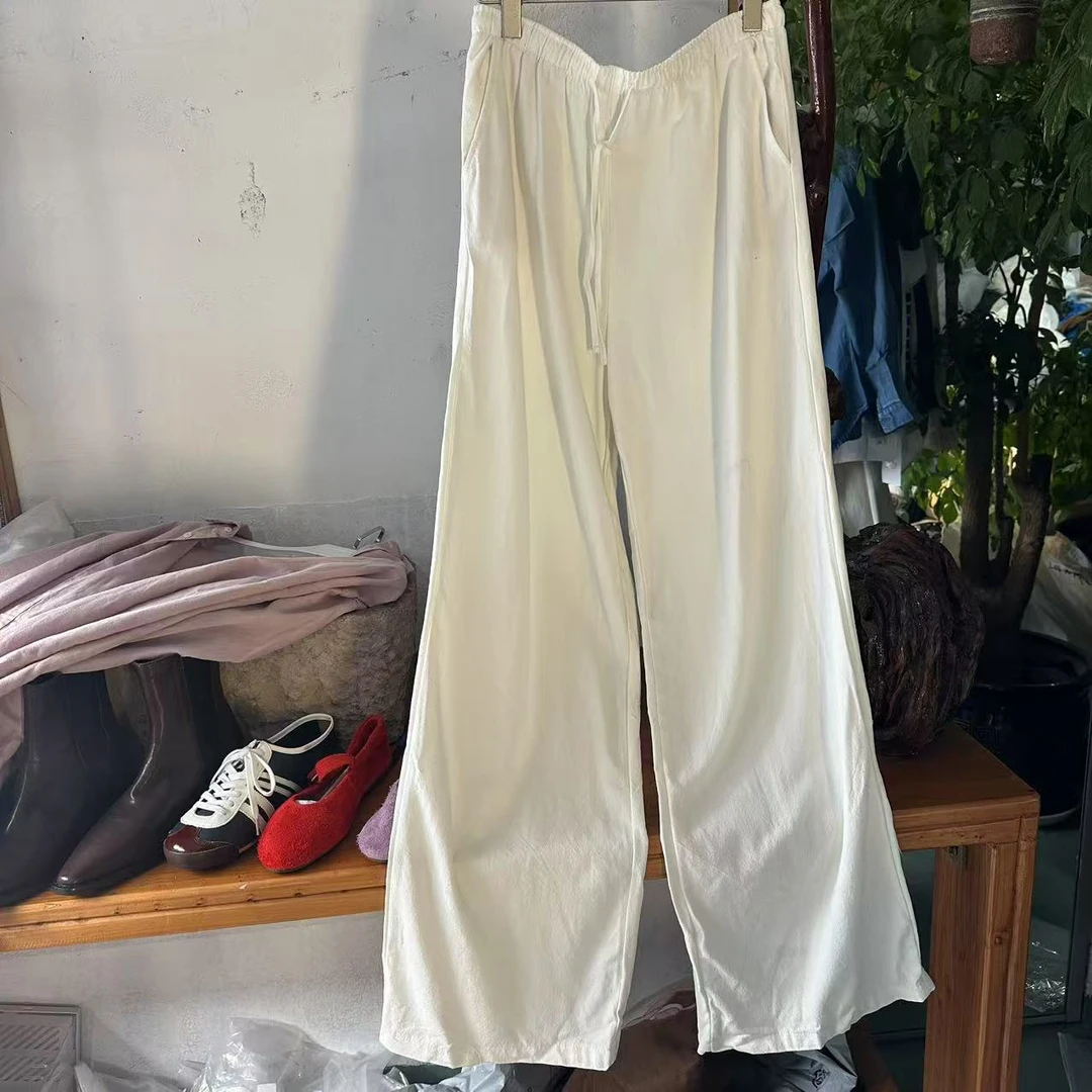 长款亚麻裤女款时尚女裤口袋家居裤宽松松紧休闲裤季阔腿裤