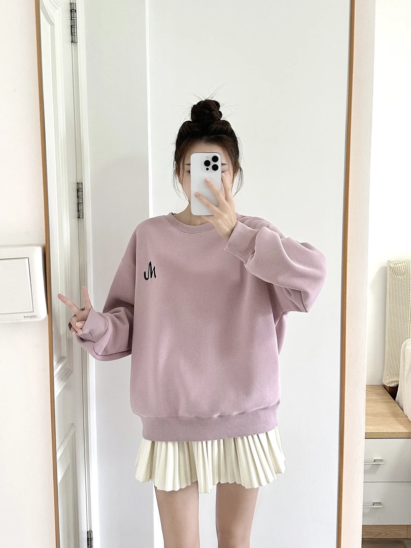 950圆领套头薄绒外套韩版时尚简约纯色宽松休闲百搭卫衣春款女