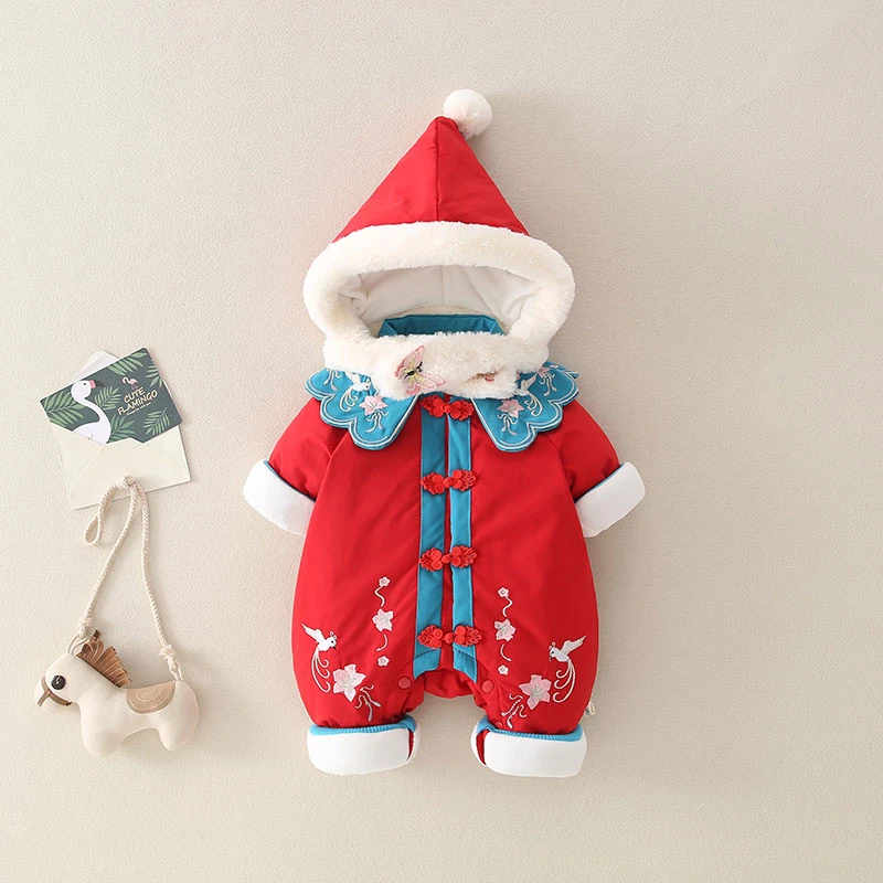 连身衣拜年服冬季女宝中国风加厚加绒宝宝儿童喜庆保暖红色