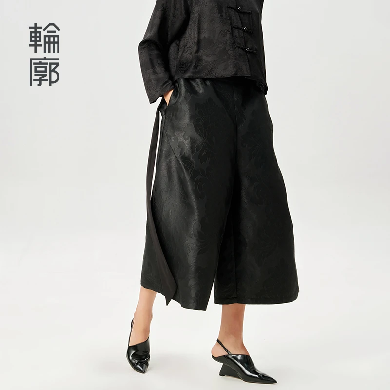 轮廓摩登艺术提花新中式阔腿裤L241K008复古摩登遮肉大版型休闲裤