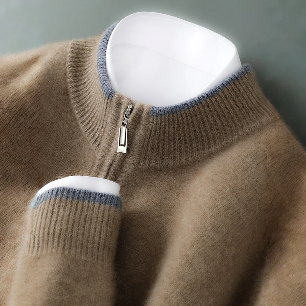 100%纯羊绒针织开衫加厚撞色双拉链外套圆领大码上衣商务休闲男装