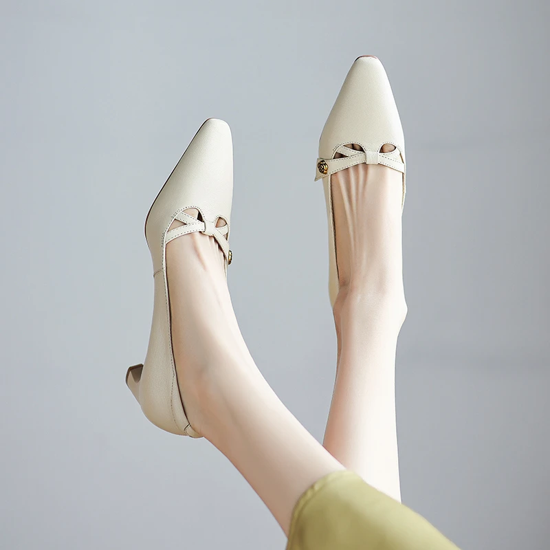 法式复古尖头粗跟浅口单鞋2025新款百搭真皮高跟鞋气质玛丽珍女鞋