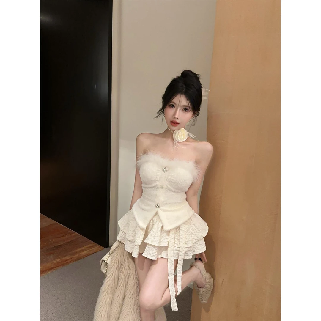 纯欲仙女毛毛设计感裹胸上衣女秋冬季百搭设计感小众显瘦吊带背心