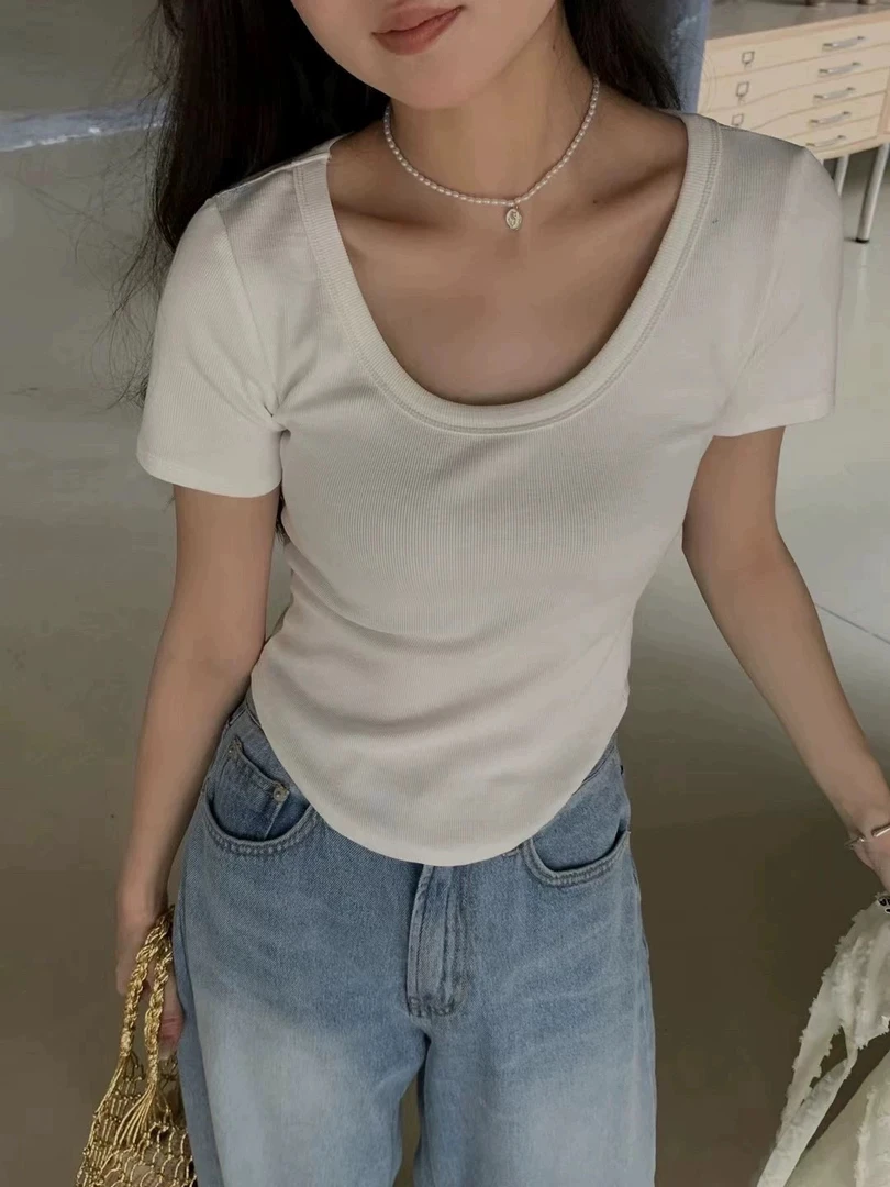 纯色短款短袖常规柔软有弹力T恤夏季修身紧身小众百搭辣妹