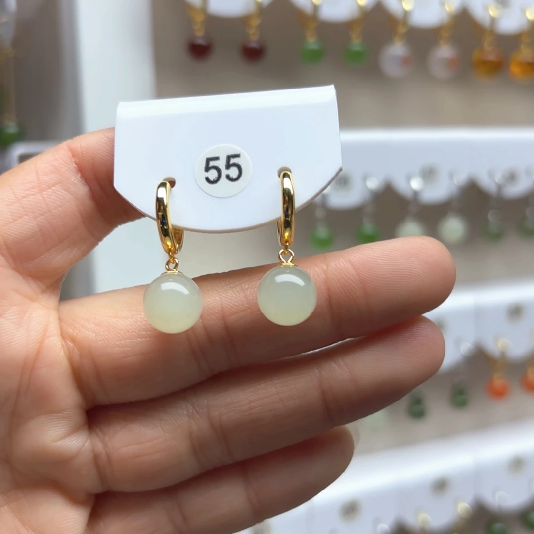 和田玉耳饰银S925镶嵌