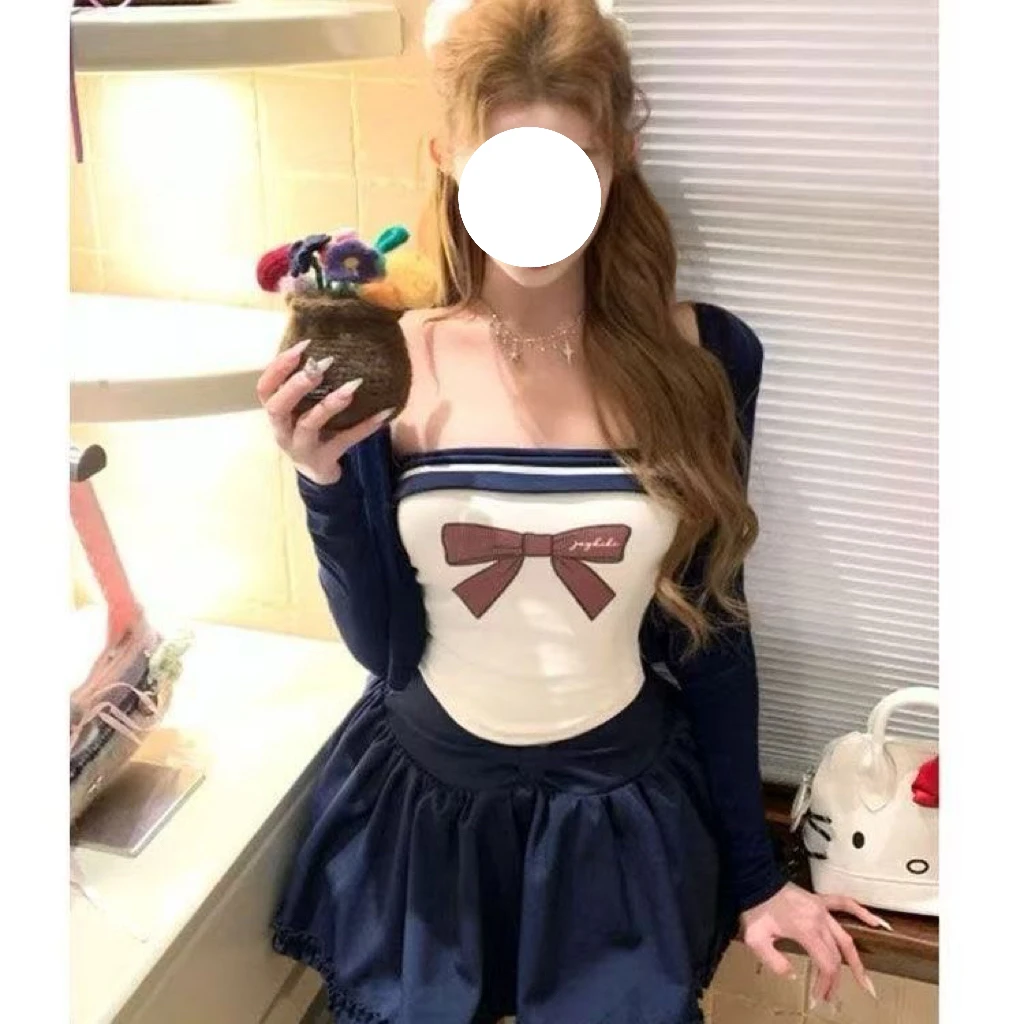 泰式学妹纯欲辣妹甜美2025款印花显瘦抹胸背心+开衫+半身裙套装女