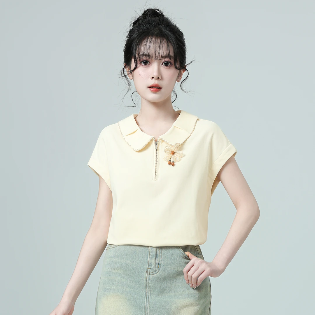 杏色Polo领短袖T恤女夏2025夏季新款半拉链设计感体恤宽松小上衣