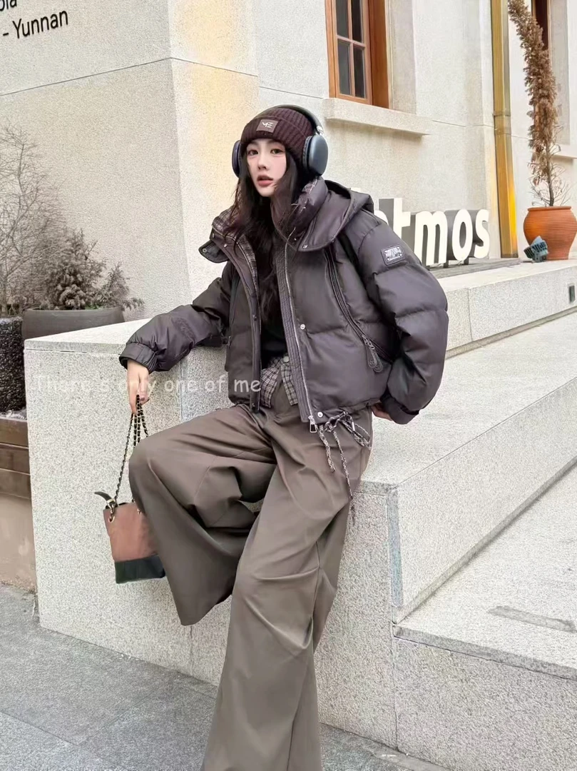 新款格子拼接设计感冬季PU皮棉服百搭2025新款撞衫短款宽松棉外套